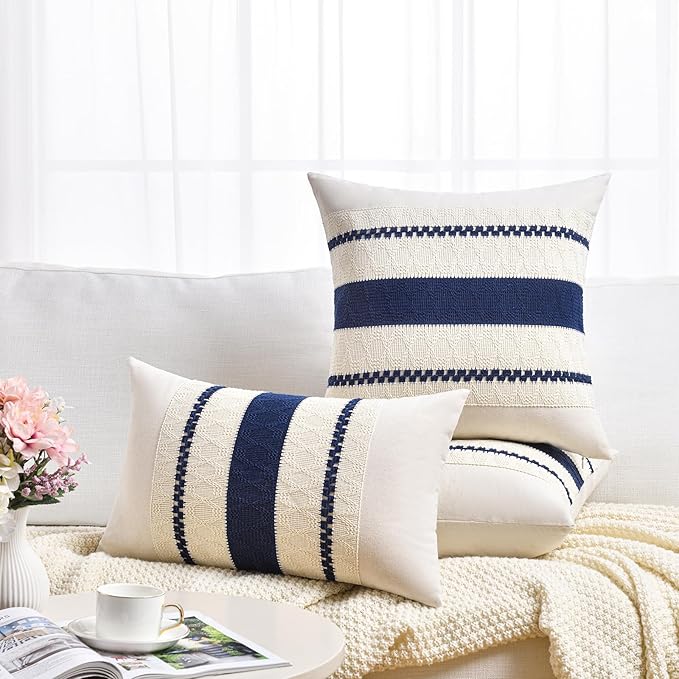Fancy Homi Set of 2 Navy Blue Lumbar Decorative Throw Pillow Covers 12x24 Inch for Couch Bed Sofa Living Room, Aesthetic Modern Organic Farmhouse Home Decor, Soft Cotton Woven Textured Cushion Case