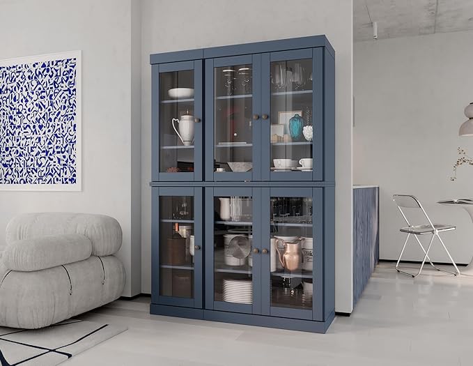 Palace Imports 100% Solid Wood 48.5" Pantry China Cabinet with Clear Glass Doors and Adjustable Shelves (Antique Blue)