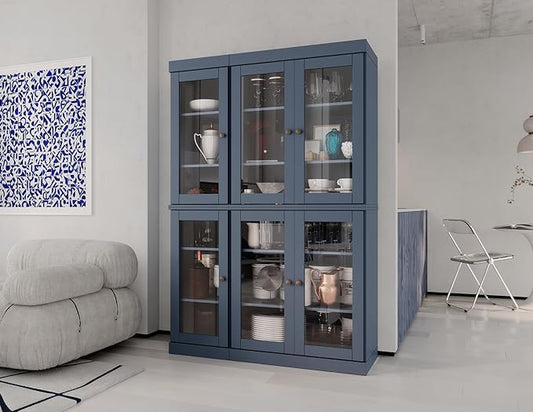Palace Imports 100% Solid Wood 48.5" Pantry China Cabinet with Clear Glass Doors and Adjustable Shelves (Antique Blue)