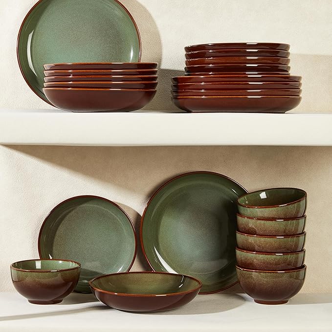 Dinnerware Sets with Double Bowls Service for 6, Brown Green