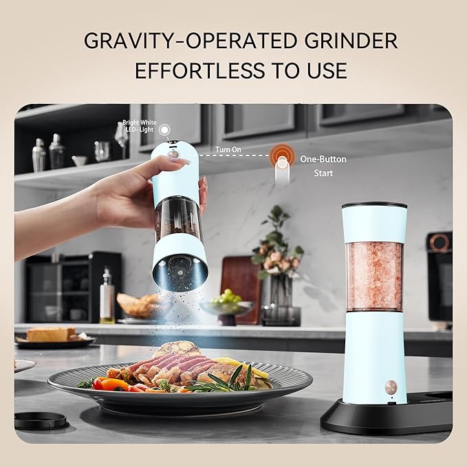 Gravity Electric Salt and Pepper Grinder Set 2-Pack - USB-C Rechargeable Base, Auto LED Light for BBQ/Camping, Adjustable Coarseness & Large Capacity - Stainless Steel (Morning Haze)