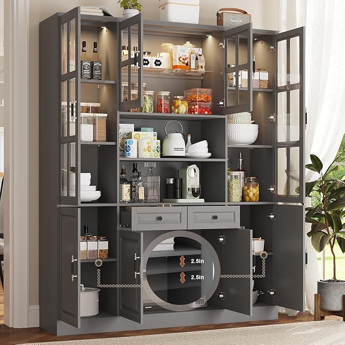 MEISSALIVVE 78.7" Tall Pantry Cabinet with LED Lights, Freestanding Kitchen Pantry with Glass Doors, Large Food Storage Cabinet, Gery (63" W x 15.7" D)