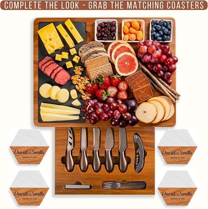 Personalized Acacia Wood Charcuterie Board Set with Stainless Steel Knives ??Custom Cheese Board Gift for Wedding, Christmas, Housewarming, Bridal Shower, Anniversary, Women and Couples, Gifts for Her