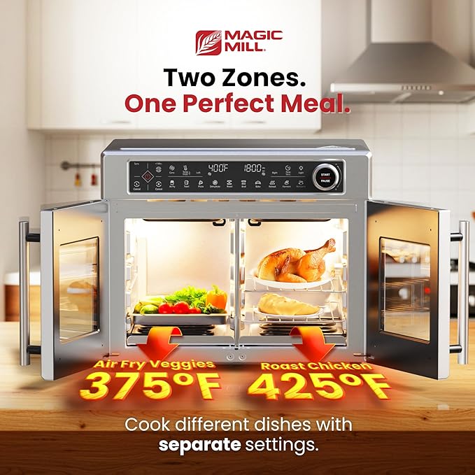 Magic Mill Ultra-Premium Dual-Zone Stainless Steel Air Fryer Toaster Oven Combo, Extra Large 32QT French Door Convection Oven with Next-Gen Patent Technology, 13 Accessories, Rotisserie, Sync Finish