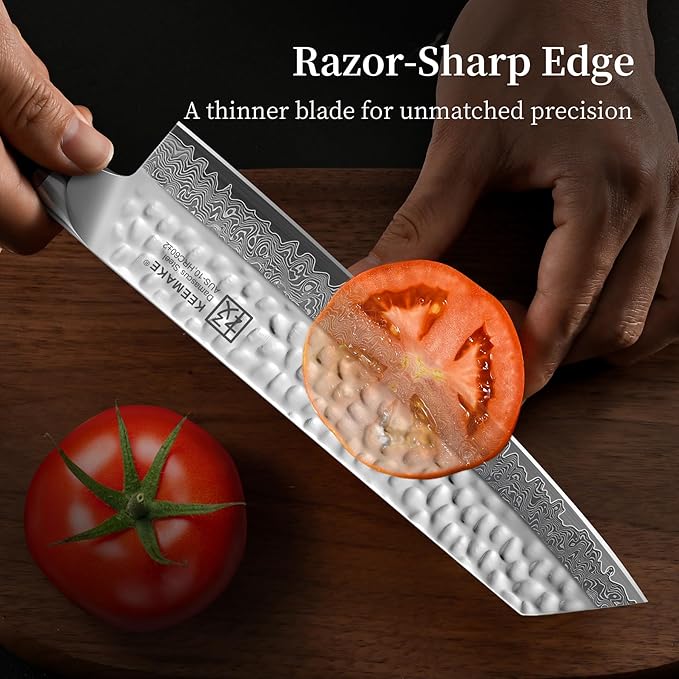 KEEMAKE Kiritsuke Chef Knife 8 Inch, Damascus Kitchen Knife Professional Gyuto Knives, Ultra Sharp Cooking Knives with Ergonomic Pakkawood Handle & Ash Sheath