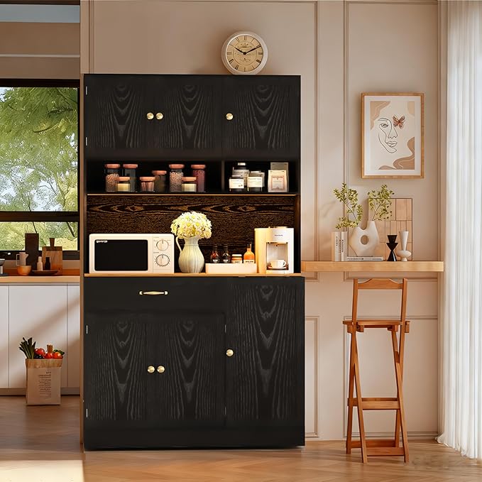 72" Kitchen Pantry Cabinet with LED Light and Charging Station Tall Pantry Storage Cabinet with Adjustable Shelves and Door Shelves Modern Kitchen Hutch with Countertop Black