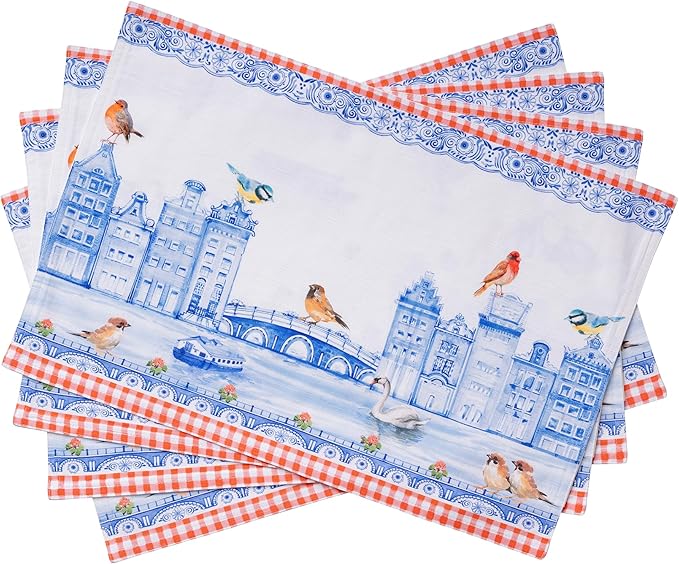 Maison d' Hermine Placemats Set of 2 100% Cotton Washable Cloth Place Mats, Reusable Table Mats for Kitchen Dining Decoration, Party, Wedding, Restaurant Spring/Summer (Amsterdam Canals, 13" x 19")