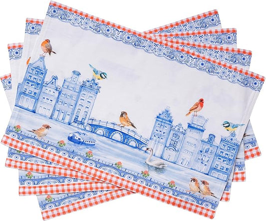 Maison d' Hermine Placemats Set of 2 100% Cotton Washable Cloth Place Mats, Reusable Table Mats for Kitchen Dining Decoration, Party, Wedding, Restaurant Spring/Summer (Amsterdam Canals, 13" x 19")