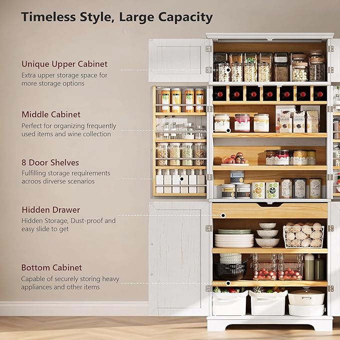 Merax 78.2" Tall Kitchen Pantry Storage Cabinet, Farmhouse Freestanding Large Cupboard with Hidden Drawer, Cabinet, 4 Adjustable Shelves, 8 Door-Shelf & 7 Wine Rack for Dining Room, White