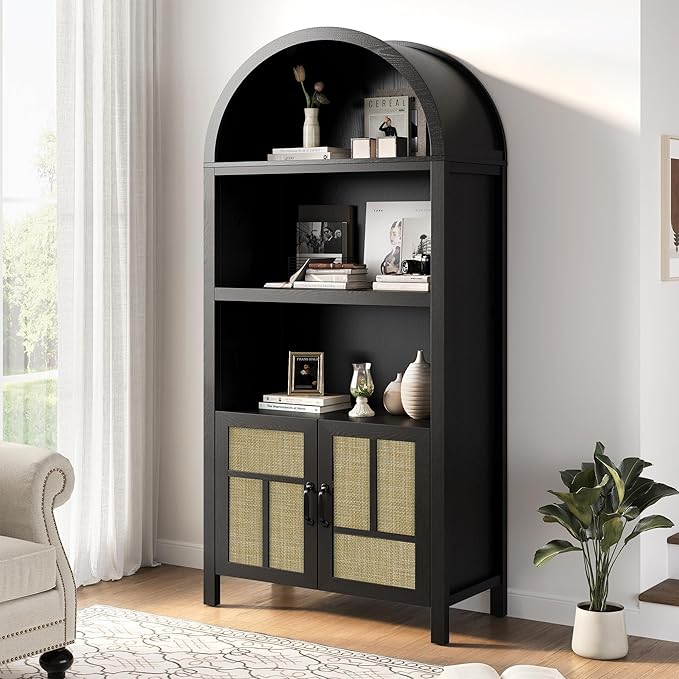 RoyalCraft Arched Rattan Storage Cabinet Set of 2, 70" Tall Boho Kitchen Pantry Display Cabinet with 2 Doors, Farmhouse Bookshelf Cupboard for Living Room Kitchen, Dining Room, Black