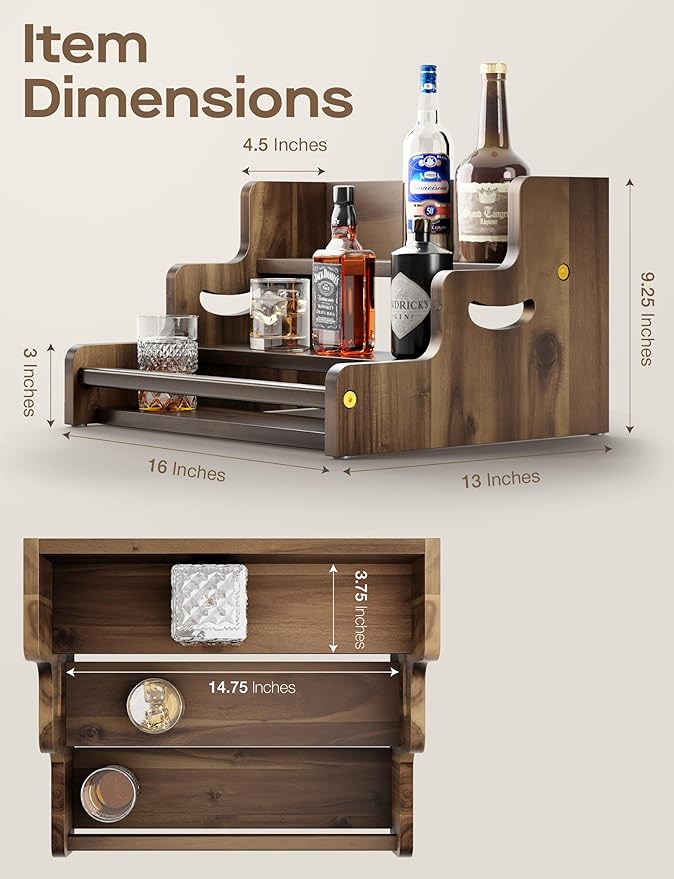 Tinamo Acacia Wood Liquor Bottle Display Shelf ??3-Tier Countertop Wine Rack, Bar Shelf ??Whiskey Bar Stand for Home, Bottle Organizer for Countertop ??Wine Holder with Handles (Walnut Color)