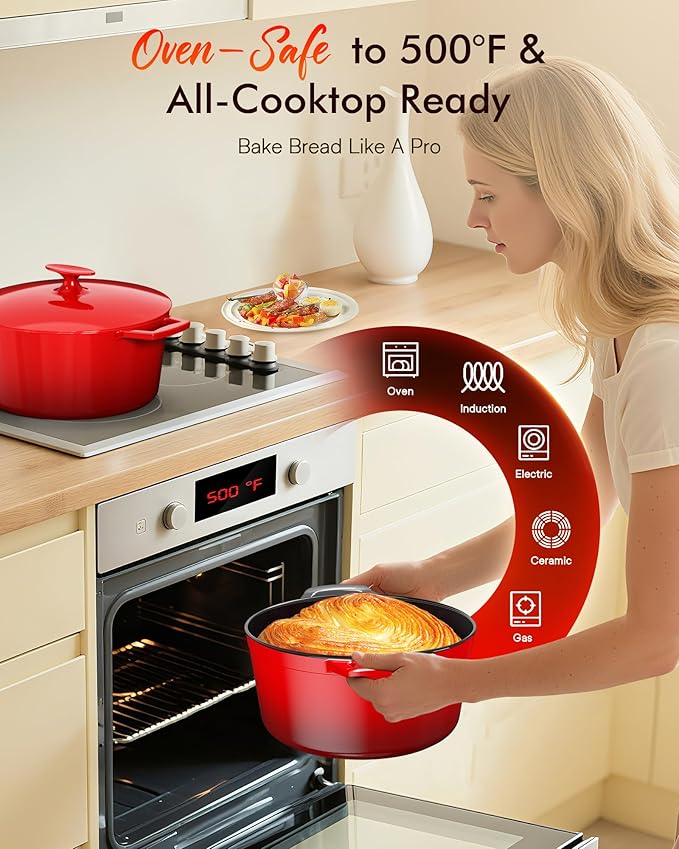 Nuwave 6QT LUX Healthy Enameled Cast Iron Dutch Oven Pot with Lid, Heavy Duty 7-Layer Enamel, Enhanced Rust Protection, Dual Handles, Oven Safe to 500째F for Sourdough Bread Baking, Braise, Stew, Roast
