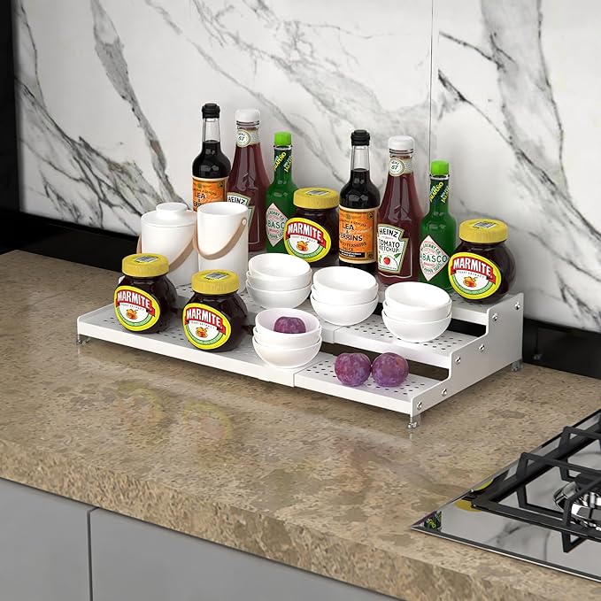 Spice Rack Organizer for Cabinet, 3 Tier Expandable Shelf, Great for Kitchen Cabinets, Cupboard,Pantry and More,Metal Plate with Hole (2 Packs/White,9.45" D x 12.8"~24?쏬 x 3.56" H)
