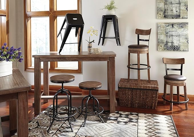 Signature Design by Ashley Pinnadel |24.25" Counter-Height Swivel Bar Stool ??Modern Farmhouse, Faux Leather, 360째 Swivel, Nailhead Trim, Rustic Light Brown