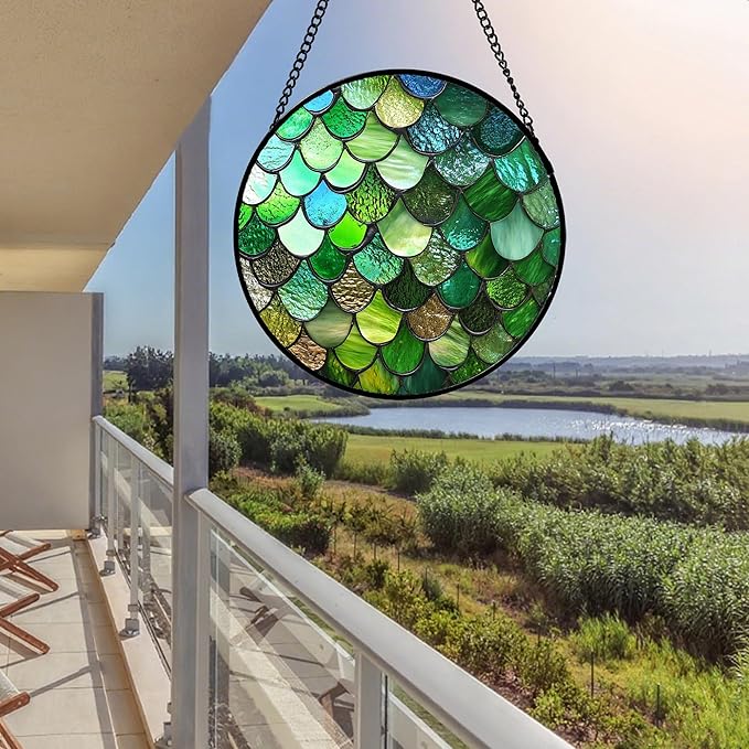 Stained Glass Window Hanging Green Abstract Texture Large 11.8" - Marine Suncatcher Door Garden Sun Catcher Home Decor Birthday Christmas for Mom Men Woman Wife Friend