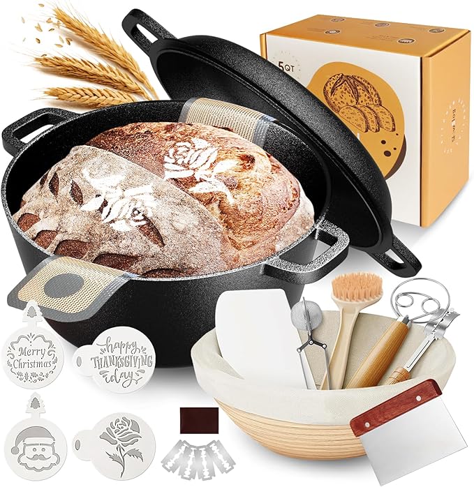 Cast Iron Dutch Oven for Bread Baking, 5QT Cast Iron Bread Pan with Lid, Sourdough Baking Supplies Tools like Banneton Proofing Basket, Bread Dutch Oven