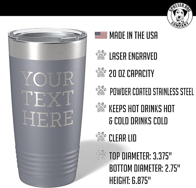 Personalized 20oz (17 Colors) Powder Coated Insulated Stainless Steel Tumbler with Lid, Custom Etched, Customized Text Message Name, Engraved Gift Idea Women Men Him Her, Your Text Here (Gray)