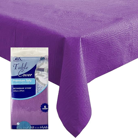 [6 Pack] Purple Paper Tablecloth Disposable for Rectangle Tables, 54 X 108 Inch Party Table Cover with Plastic Backing, Waterproof 3 Ply Table Cloth for Church Event Club Parties