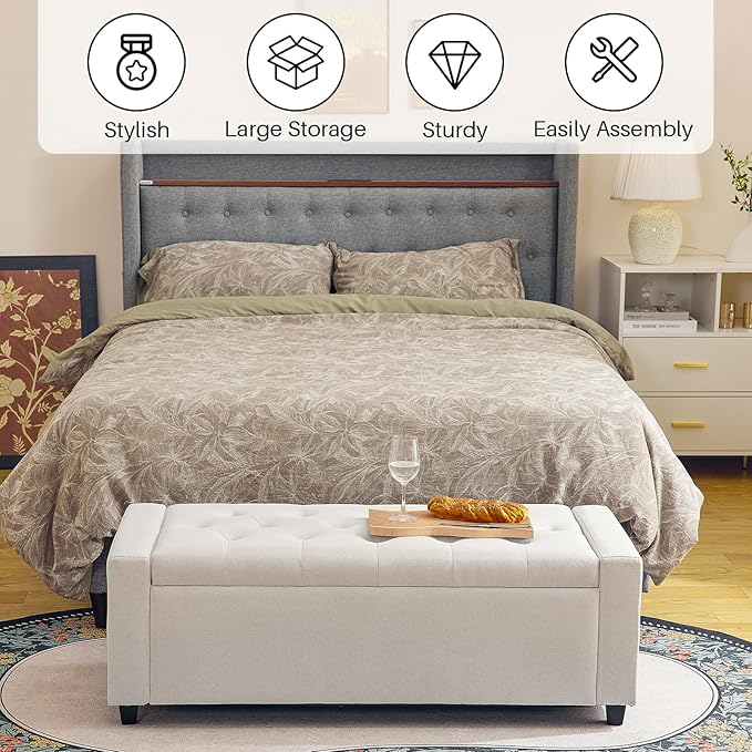 Redlife 48in Ottoman Bench with Storage, End of Bed Storage Bench, Button Tufted Bedroom Bench with Safety Hinges, Large Ottoman for Bedroom, Living Room, Entryway (Beige)