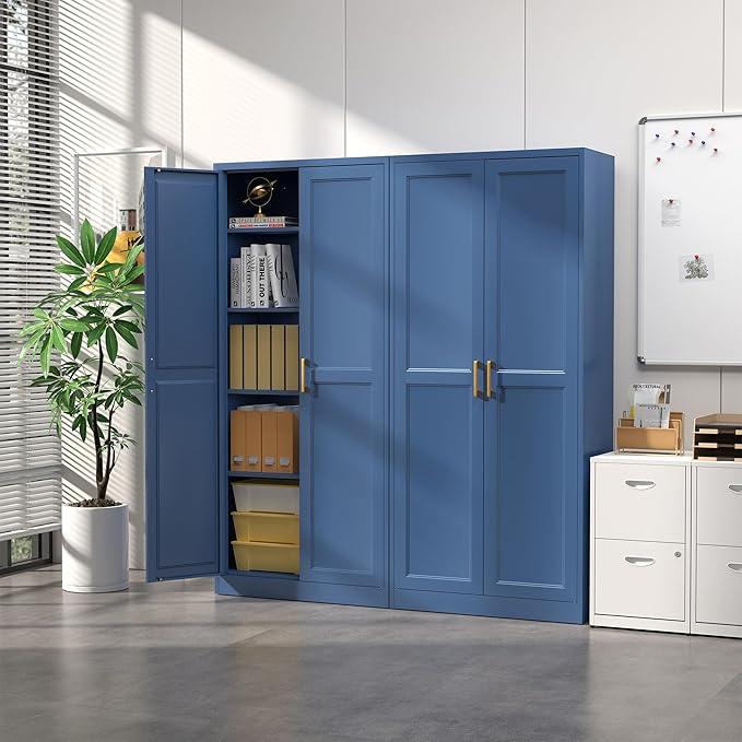 Kitchen Pantry Cabinet,71?쒫lue Metal Pantry Storage Cabinets with Doors and 4 Adjustable Shelves,Kitchen Cabinet with 2 Gold Handles,Tall Cabinet for Livingroom,