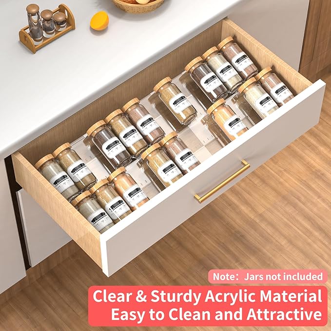 4-Tier Non-Slip Spice Drawer Organizer, 4-Pack Checkered Frosted Clear Acrylic, Expandable (11''-22'') Spice Rack for Kitchen Drawer Storage ??Holds Seasonings, Herbs, and Spices (Jars Not Included)