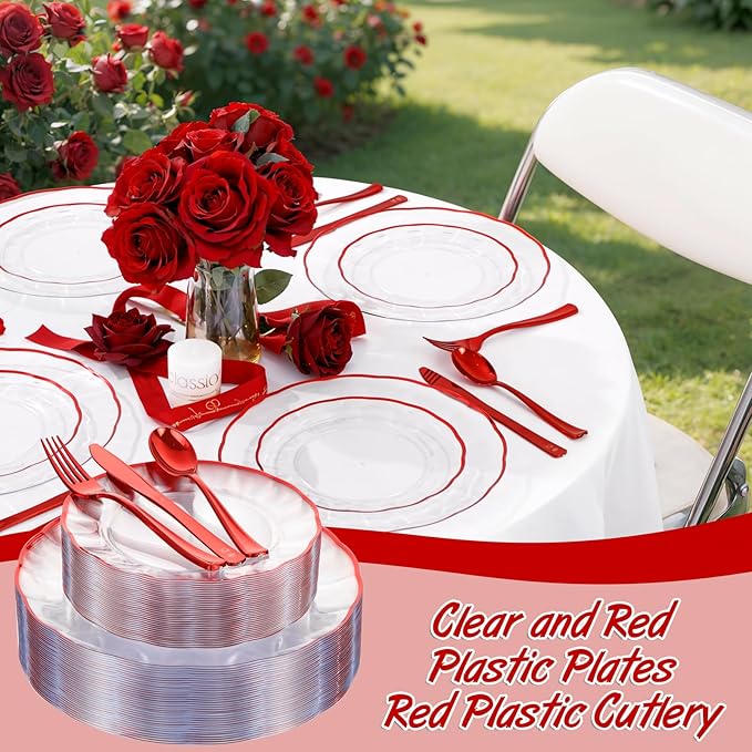 EI 150pcs Clear and Red Plastic Plates,Plastic Plates and sliverware,Clear Disposable Party Dinnerware Set for 30 Guests,Red Wavy Petal Edge Disposable Dinnerware Set for Wedding,Christmas,New Year