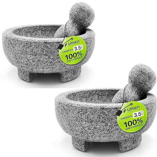 2 Sets Umien??Granite Mortar and Pestle Set - 100% Granite - 3.5-Cups - 8-Inch ??Avocado Tool Included ??Natural Stone Molcajete for Spices, Pestos, & Guacamole (Grey) - Stone Grinder - Guacamole
