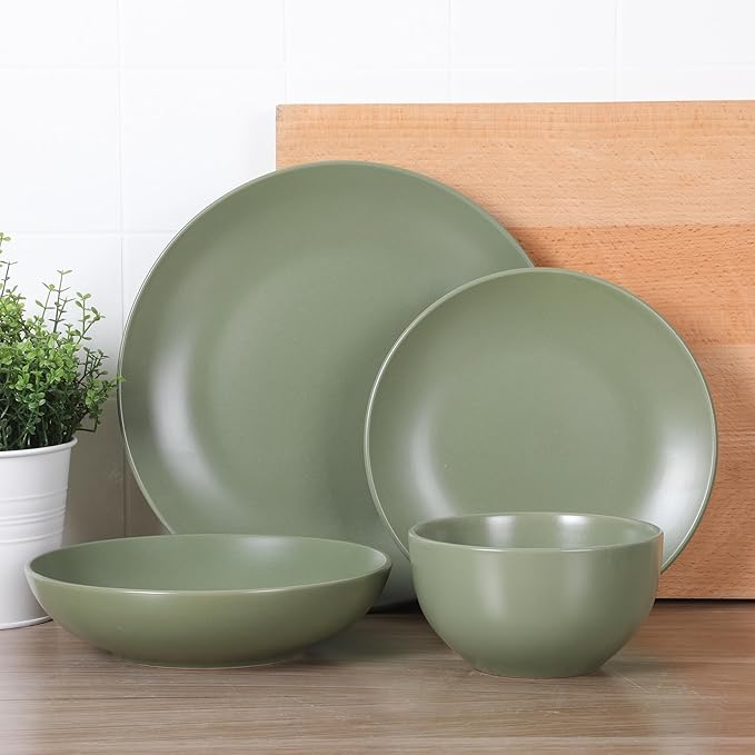 Gibson Home Queenslane 16-Piece Matte Green Stoneware Dinnerware Set ??Double Bowl Plates and Bowls, Durable Kitchen Dinner Set