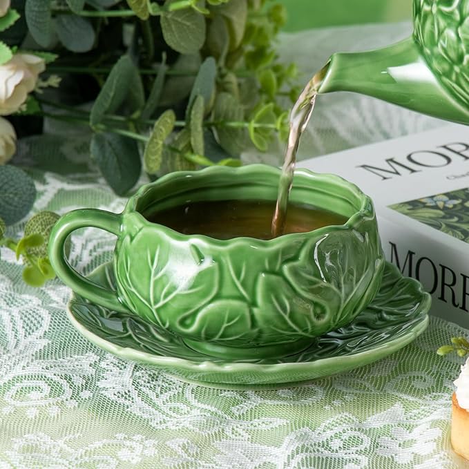 KAMMAK Tea Cups and Saucers Set of 2, Porcelain Coffee Cups, 10-Ounce Stackable Espresso Mugs, Ceramic Demitasse for Coffee, Latte, Americano, Tea, Cubic Rose