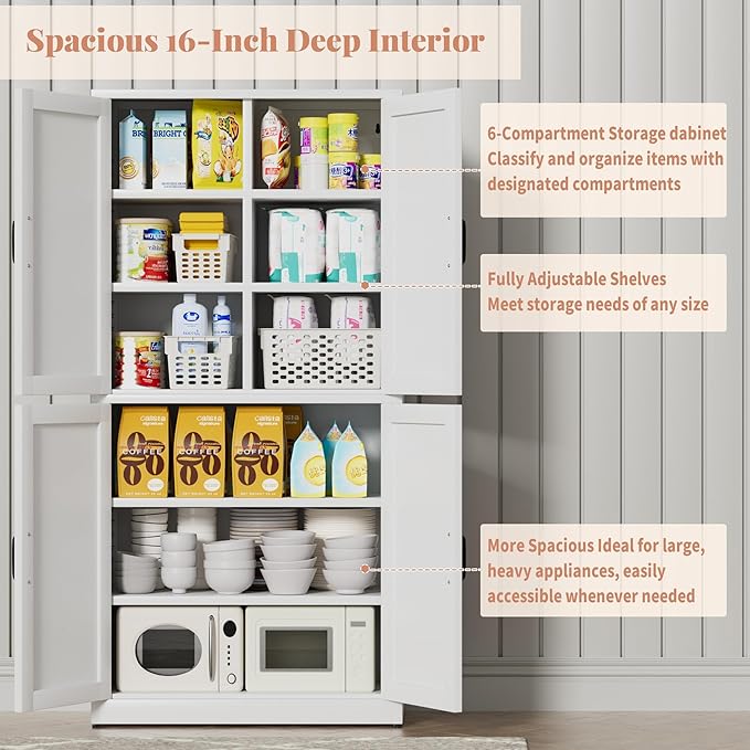 White Steel Kitchen Pantry Storage Cabinet with Barn Doors and Adjustable Shelves, Metal Farmhouse Cabinets for Living Room, Bathroom, Heavy Duty Rustic Pantry