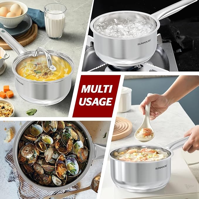 Sunhouse ??2 Quarts Stainless Steel Sauce Pan with Lid - PFOA-FREE, Stainless Steel Sauce Pan, Advanced Impact Bonding Induction Base, Stay-Cool Handle, Compatible with All Cooktops