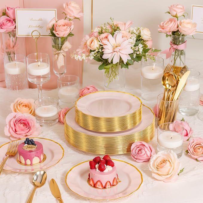 EI 150pcs Pink Plastic Plates with Gold Plastic Silverware,Pink Party Plates,Heavy Duty Plate Disposable,Gold Dinnerware Set for Birthday, Afternoon Tea,Wedding
