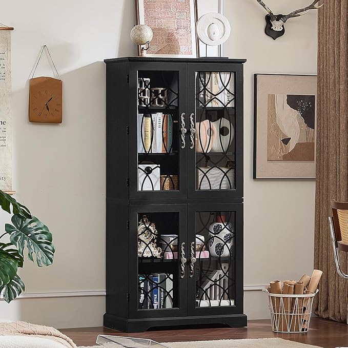 67" Tall Pantry Cabinet Set of 2, Vintage Kitchen Pantries Cabinets with Glass Doors & Adjustable Shelves, Wood Cupboard with Large Storage for Dingning Room, Bathroom, Black