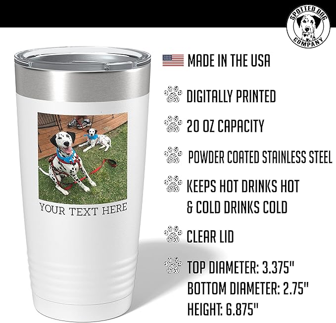 Personalized 20oz (17 Colors) Photo Picture Printed Insulated Stainless Steel Powder Coated Tumbler with Lid ??Customized Mother's Day Gift Gift for Him Men, Custom Coach Gifts Team Mom Dad (White)