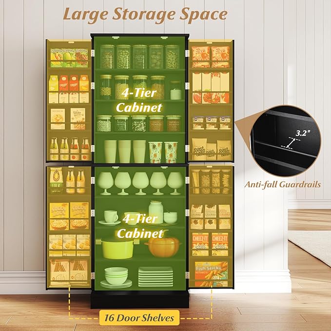 Giantex Kitchen Pantry Cabinet, 65.5" Tall Kitchen Hutch w/8-Tier Storage Cabinet, 16-Tier Door Shelves & Adjustable Shelves, 4-Door Freestanding Buffet Sideboard for Dining Room, Living Room (Black)