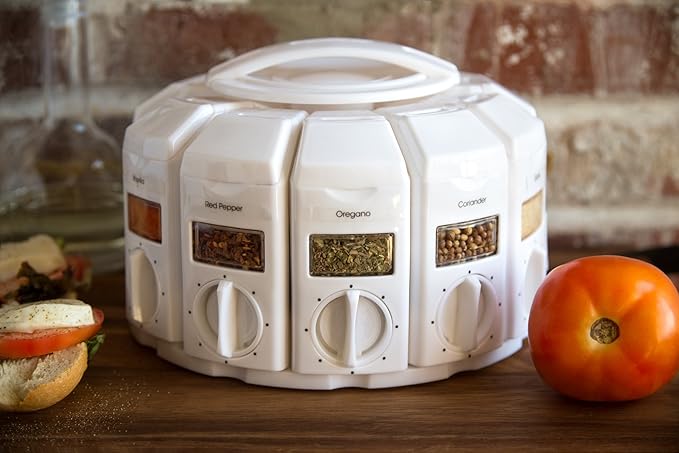 KitchenArt Spice Rack, Select-A-Spice Auto-Measure Rotating Spice Rack, White, 12 Compartments