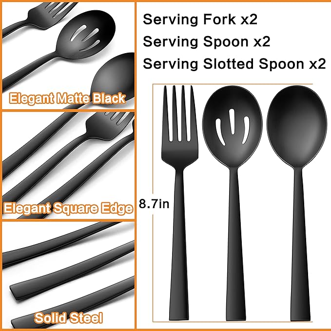 E-far Matte Black Serving Utensils Set of 6, Stainless Steel 8.7 Inch Hostess Serving Set Including MetalSlotted Spoons Forks for Party Buffet Catering, Square Edge & Rust Free