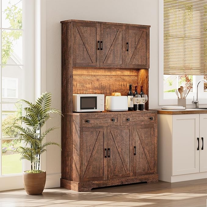 ELYKEN 71" Tall Ktchen Pantry Cabinet with Charging Station & LED Lights, Farmhouse Kitchen Hutch Cabinet with Microwave Stand & Large Countertop for Dining Room Living Room, Brown