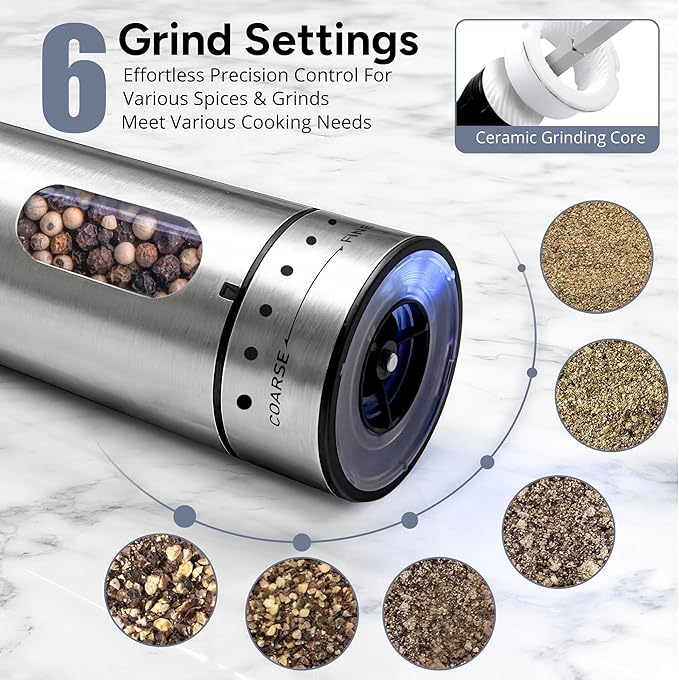 Electric Salt and Pepper Grinder Set, Rechargeable Automatic Salt and Pepper Shakers Mills, 110ml Large Capacity, Stainless Steel, Adjustable Coarseness, LED Light & Base, Ideal for Kitchen & Gifts