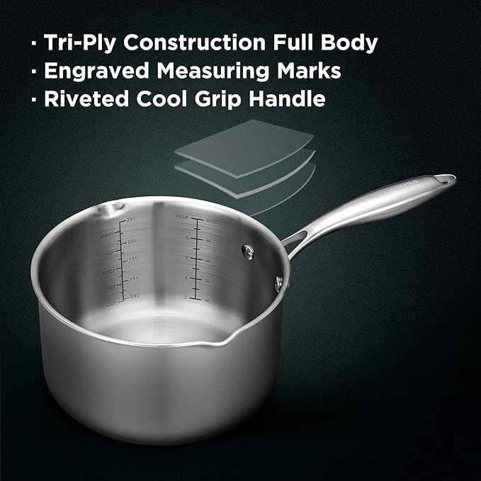 Tri-Ply Stainless Steel Sauce Pan with Steamer Basket & Straining Glass Lid??2-in-1 Multi-Function Pot for Steaming, Boiling & Simmering ??Healthy, Durable, Rust-Resistant, Professional-Grade Cookware