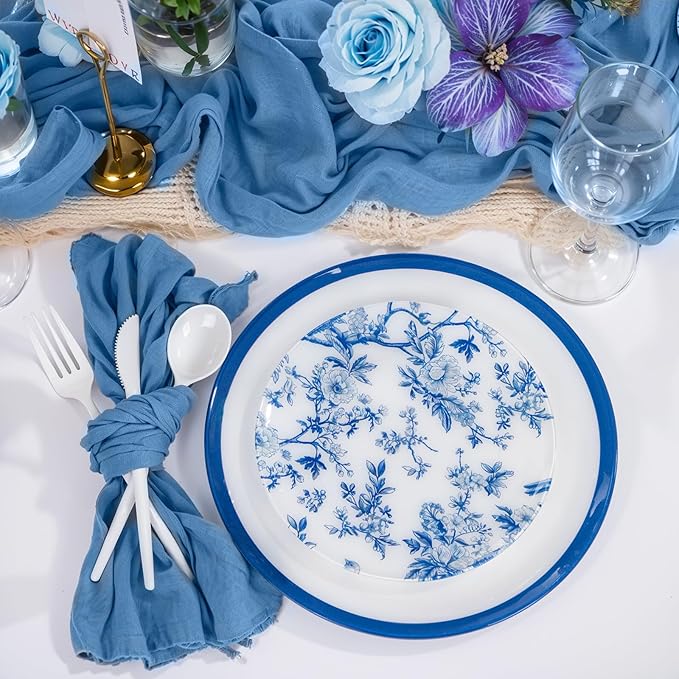 EI 60pcs Blue and White Floral Plastic Plates Fancy Blue Floral Disposable Heavy Duty,10.25inch Dinner Plate and 7.5inch Dessert Plate,Disposable Nice Plastic Plates for Party,Wedding(Value,Elegant )