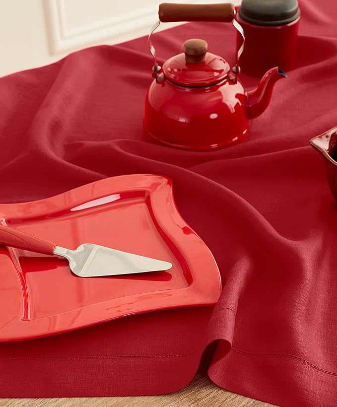 Solino Home Red Linen Tablecloth 52 x 52 Inch - 100% Pure Linen Square Table Throw - Classic Hemstitch, Machine Washable Table Cloth for Valentines