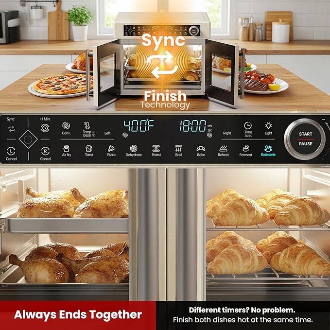 Magic Mill Ultra-Premium Dual-Zone Stainless Steel Air Fryer Toaster Oven Combo, Extra Large 32QT French Door Convection Oven with Next-Gen Patent Technology, 13 Accessories, Rotisserie, Sync Finish