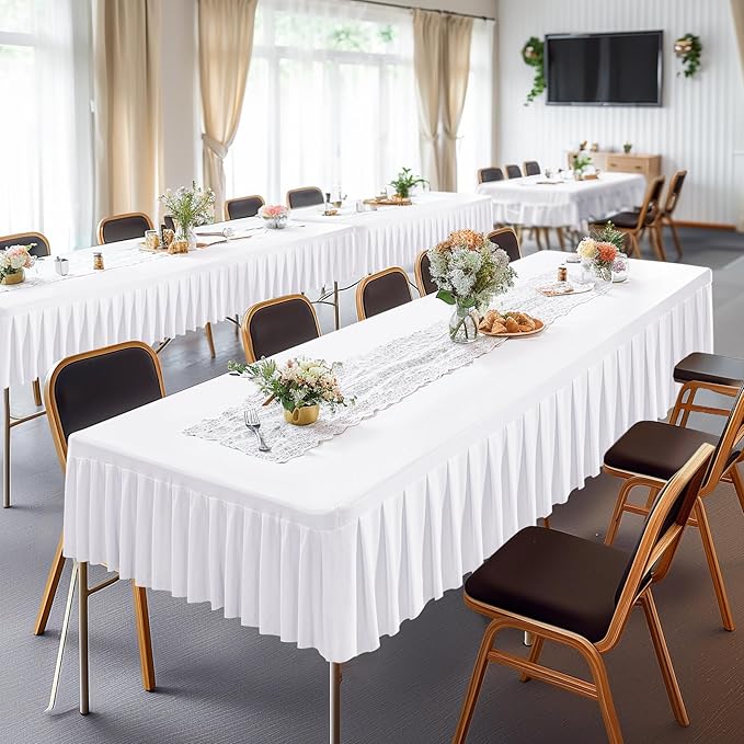 Wish Care 6 Pack White Spandex Table Clothes for 8 Foot Rectangle Tables Wrinkle Free Fitted Table Covers Stretch Ruffle Tablecloths Pleated Desk Skirt for Wedding Birthday Dining Outdoor Tablecloth