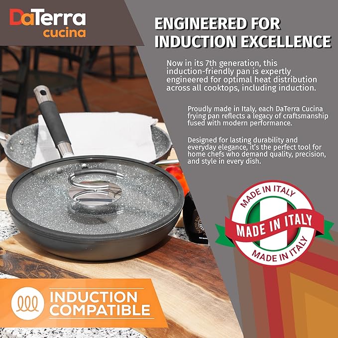 DaTerra Cucina 11" Nonstick Ceramic Frying Pan with Lid ??Oven & Induction Safe, High Heat Resistant Nonstick Cookware, Dishwasher Safe, Durable & Stylish - Volcanic Black Speckled ??Made in Italy