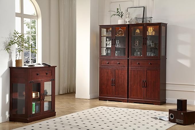 71'' Tall Pantry Cabinet with Glass Doors,Modern Kitchen Pantry Cabinet with 3 Adjustable Shelves and a Drawer, LED for Better Showcase,for Dining Room and Kitchen,Wine Red