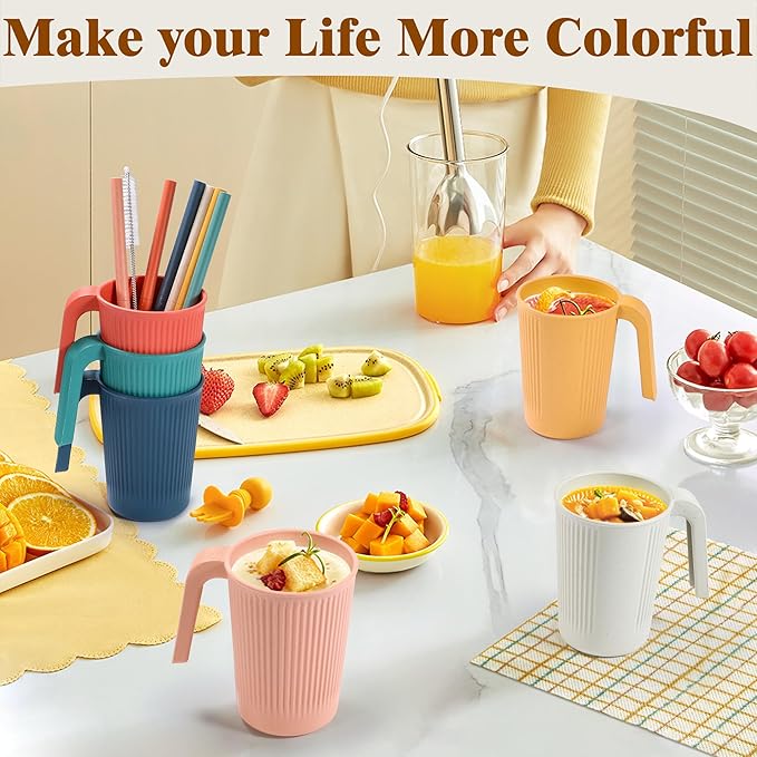 Wheat Straw Coffee Mugs 6-Pack??Unbreakable & Lightweight Cups, 12oz Stackable Cups with 6 Detachable Straws & 2 Cleaning Brushes (Colorful, 12, Fluid Ounces)