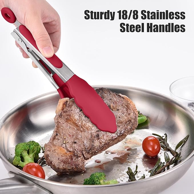 Doosu Kitchen Tongs for Cooking - 600째F Heat Resistant Food Tong with Non-Scratch Silicone Tips, Heavy Duty Stainless Steel Locking Tong for BBQ, Grilling Steak, Serving Salad, Pasta (7in, Red)