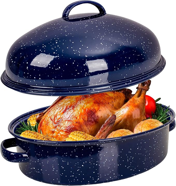 Roasting Pan with Lid and Rack 18" Deep Large Oval Enamel Roaster Pan, Oven Dishwasher Safe Non-Stick Non-Toxic Roast Pot for Turkey Ham Steak Roasts & Bread, Wife's Christmas Gift