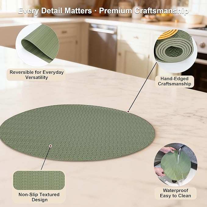 PROMATTOO Round Faux Leather Placemats Set of 4 – 13 Inch Vinyl Table Mats, Heat Resistant, Non Slip, Wipeable & Washable, Easy to Clean Dining Table Decor for Kitchen & Dining Room（Olive Green）